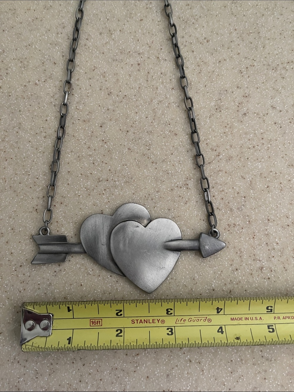Metal double heart plaque chain necklace Appox 20 in w extndr Excellent cond.
